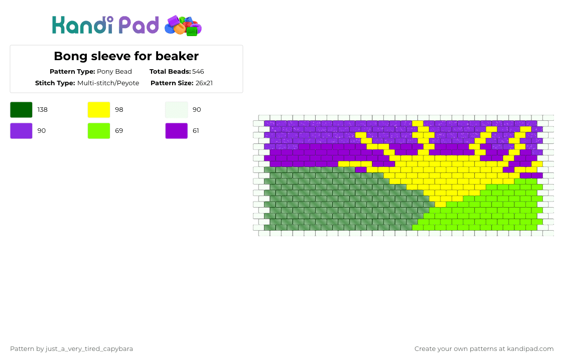 Bong sleeve for beaker - Pony Bead Pattern by just_a_very_tired_capybara on Kandi Pad - green,purple