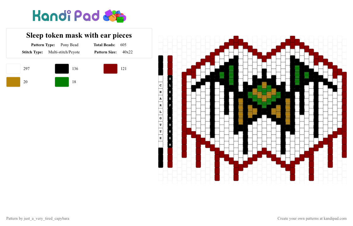 Sleep token mask with ear pieces - Pony Bead Pattern by just_a_very_tired_capybara on Kandi Pad - red, white
