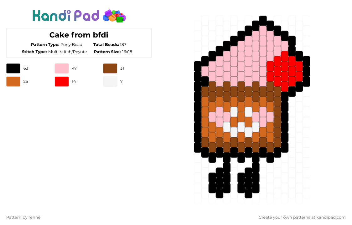 Cake from bfdi - Pony Bead Pattern by renne on Kandi Pad - red,pink