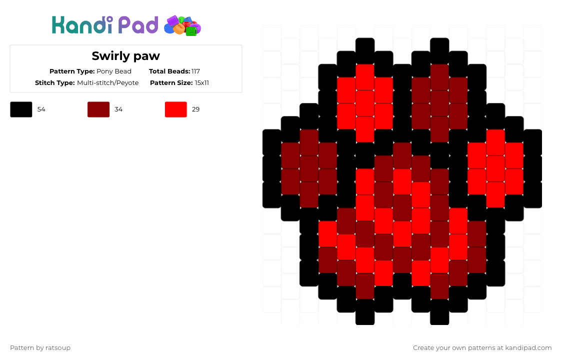 Swirly paw - Pony Bead Pattern by ratsoup on Kandi Pad - red,black,swirl,paw,animal