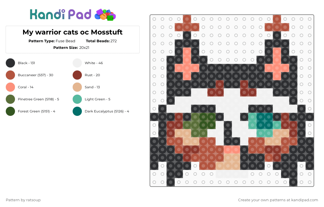 My warrior cats oc Mosstuft - Fuse Bead Pattern by ratsoup on Kandi Pad - black,red,cats,warriors,warrior cats,oc