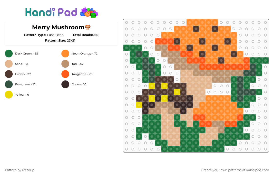 Merry Mushroom🍄‍🟫 - Fuse Bead Pattern by ratsoup on Kandi Pad - orange,green,beige,mushroom,70s