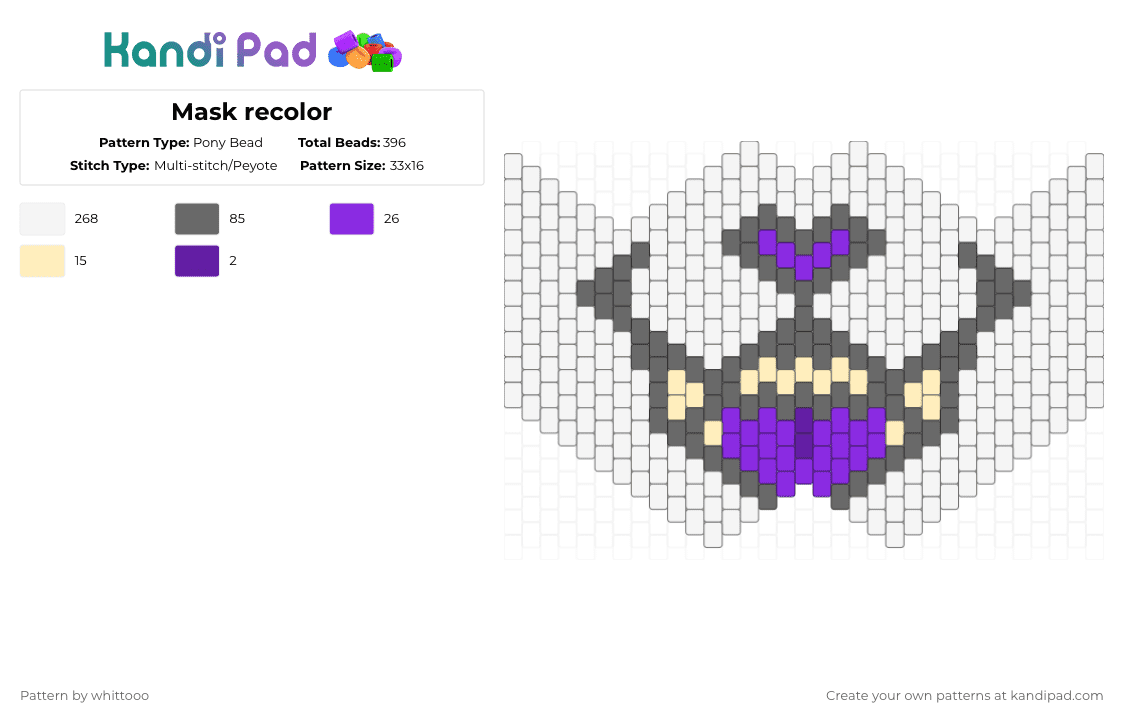 Mask recolor - Pony Bead Pattern by whittooo on Kandi Pad - white,gray,fursona,furry,purple,teeth,mask,light yellow