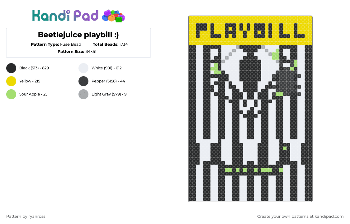 Beetlejuice playbill :) - Fuse Bead Pattern by patrickstump on Kandi Pad - black,white,yellow