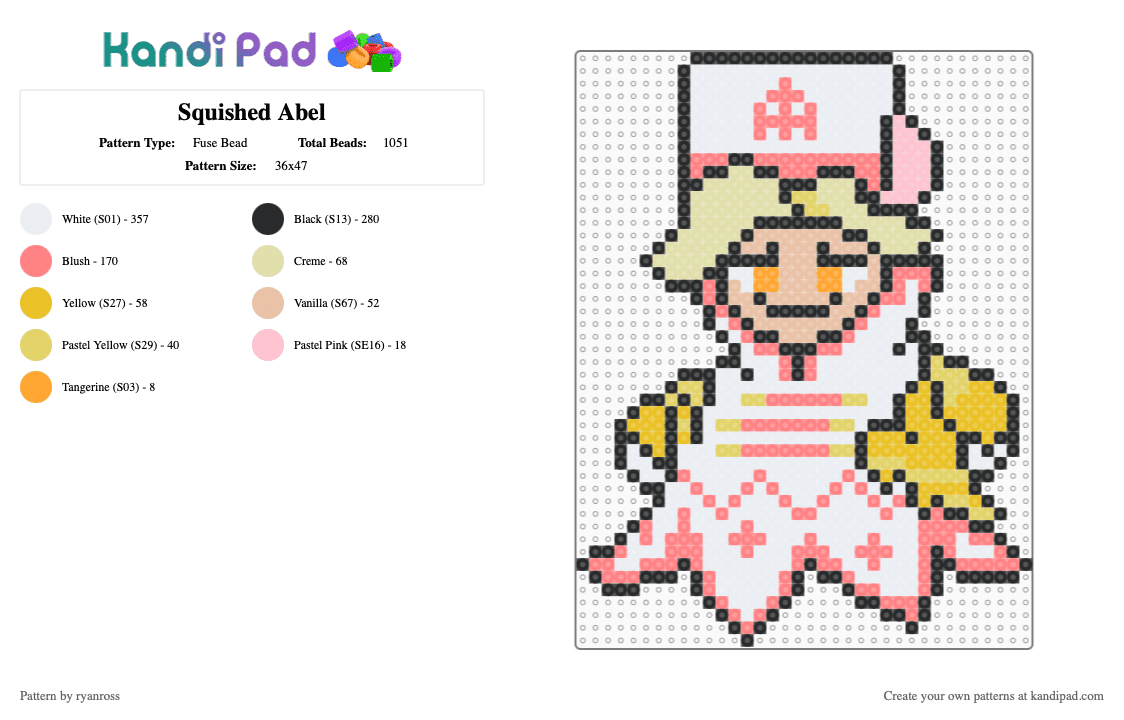 Squished Abel - Fuse Bead Pattern by patrickstump on Kandi Pad - white,yellow,red,hazbin hotel,hellaverse,abel,abel hazbin,patrick stump