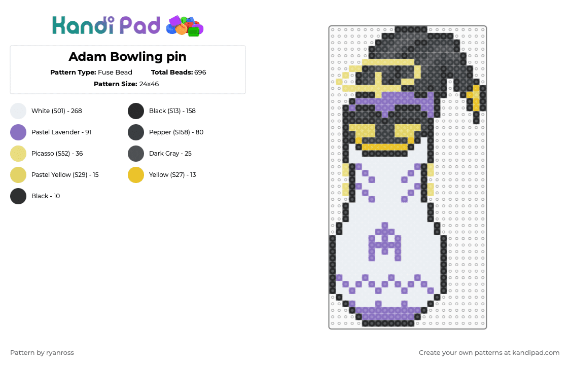 Adam Bowling pin - Fuse Bead Pattern by patrickstump on Kandi Pad - white,yellow,blue