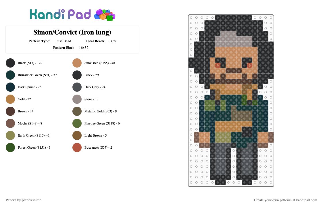 Simon/Convict (Iron lung) - Fuse Bead Pattern by patrickstump on Kandi Pad - black,gray,tan,iron lung,markiplier,simon,convict,horror,blood