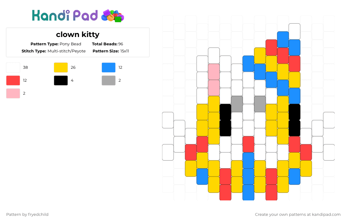 clown kitty - Pony Bead Pattern by fryedchild on Kandi Pad - yellow,light blue,red,cat,charm,clown