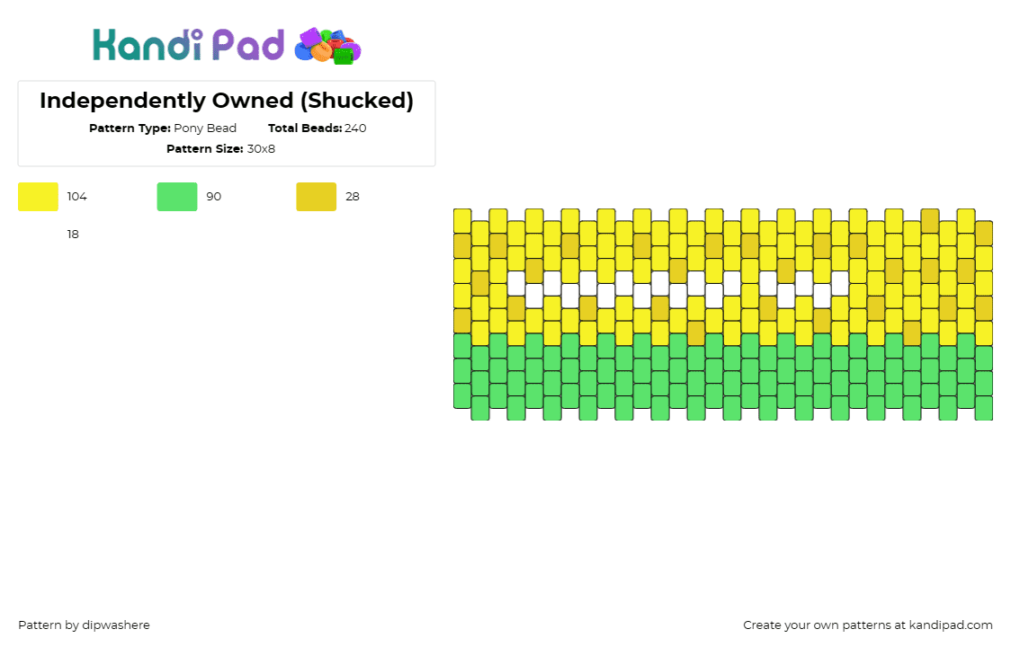 Independently Owned (Shucked) - Pony Bead Pattern by dipwashere on Kandi Pad - shucked,broadway,music,independent,theater,stage,performance,green,yellow,cuff