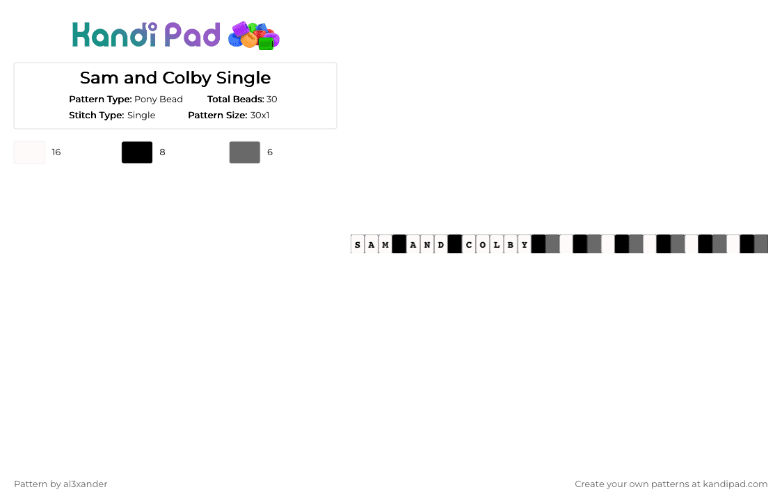 Sam and Colby Single - Pony Bead Pattern by al3xander_axl on Kandi Pad - white,gray
