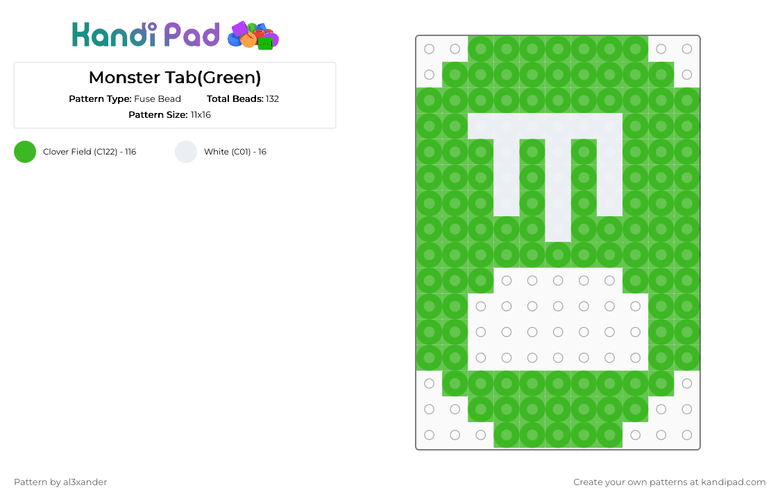 Monster Tab(Green) - Fuse Bead Pattern by al3xander_axl on Kandi Pad - green