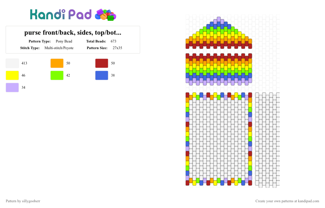 purse front/back, sides, top/bottom +flap - Pony Bead Pattern by sillygooberr on Kandi Pad - white,yellow,red,colorful