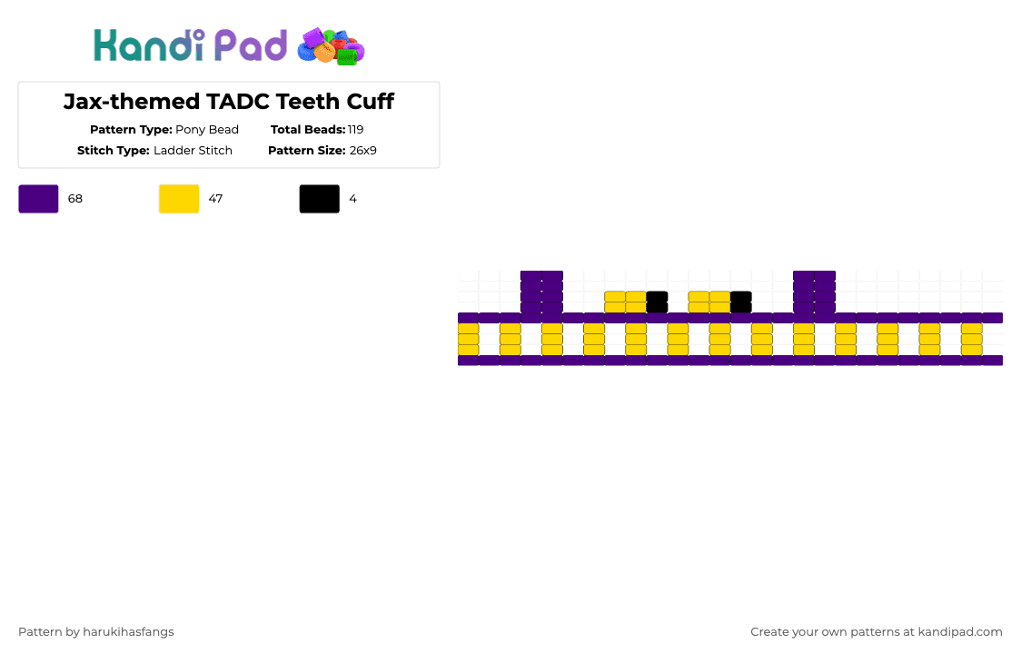 Jax-themed TADC Teeth Cuff - Pony Bead Pattern by harukihasfangs on Kandi Pad - purple,yellow,harukihasfangs,teeth,jax,tadc,the amazing digital circus,teeth cuff,jaxtadc,complex