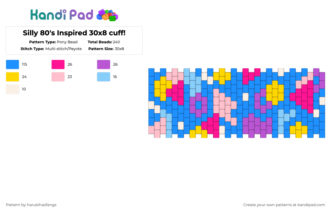 Silly 80\'s Inspired 30x8 cuff! - Pony Bead Pattern by harukihasfangs on Kandi Pad - light blue,pink,cotdgeometricshapes,harukihasfangs,wacky,silly,vintage,80s,bright,neon
