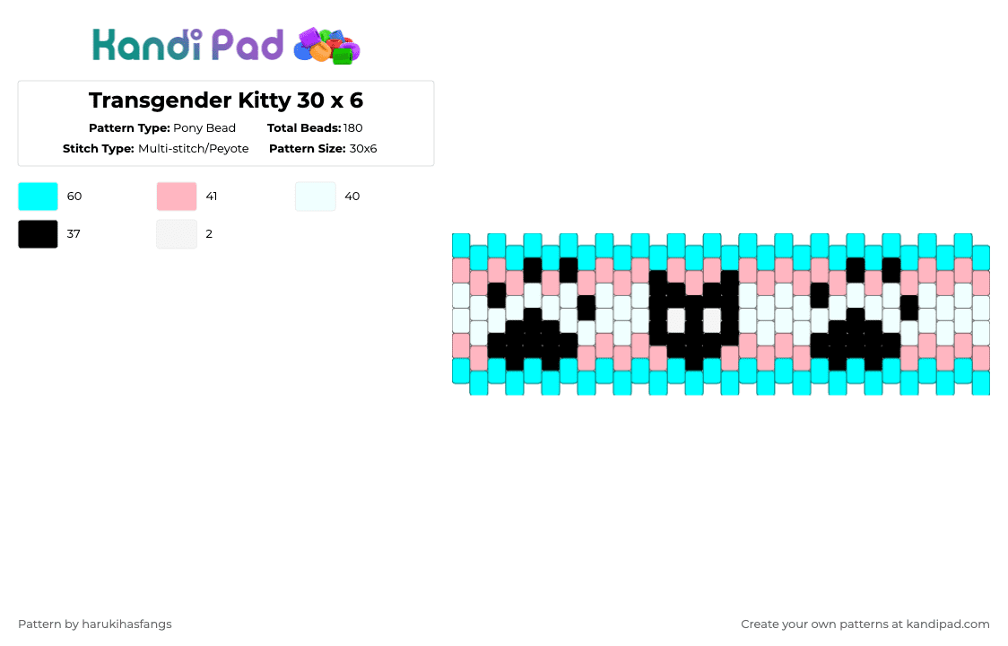 Transgender Kitty 30 x 6 - Pony Bead Pattern by harukihasfangs on Kandi Pad - light blue,pink,cat,kitty,transgender,pride,lgbtq,transgender kitty,animals,alterhuman