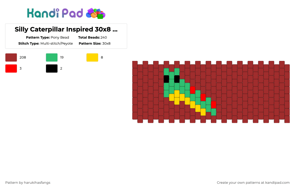 Silly Caterpillar Inspired 30x8 cuff! - Pony Bead Pattern by harukihasfangs on Kandi Pad - red,harukihasfangs,therian,bug,animal,caterpillar