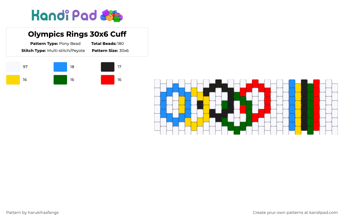 Olympics Rings 30x6 Cuff - Pony Bead Pattern by harukihasfangs on Kandi Pad - white,green,light blue,colorful,harukihasfangs,olympics,sports,rings,pop culture,trending,olympic
