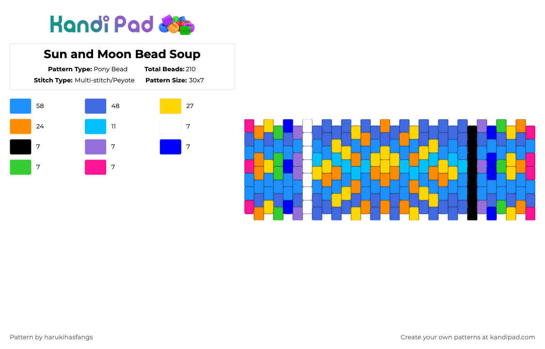 Sun and Moon Bead Soup - Pony Bead Pattern by harukihasfangs on Kandi Pad - yellow,light blue,blue,sun,solar system,space,rainbow,30 x 7,orange