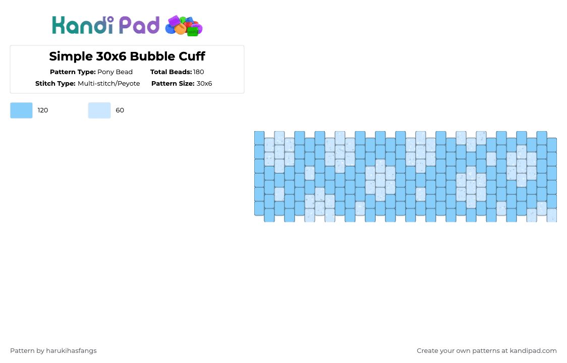 Simple 30x6 Bubble Cuff - Pony Bead Pattern by harukihasfangs on Kandi Pad - light blue,white,cotdgeometricshapes,harukihasfangs,simple,beginner,2 color,30x6,bubbles,aqua