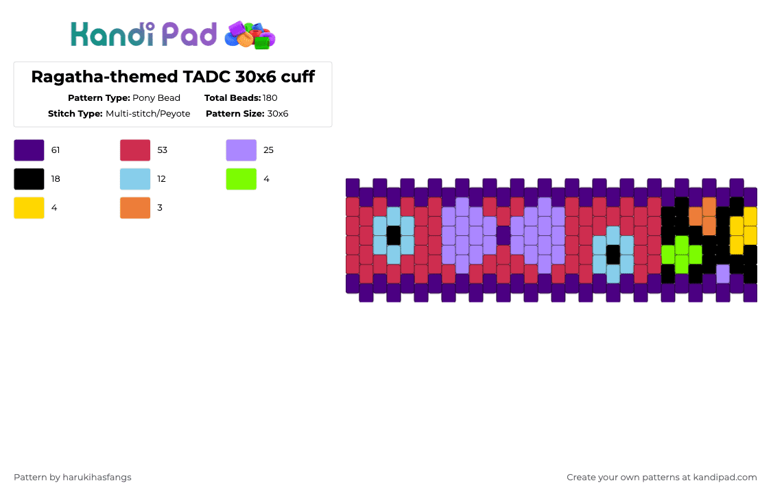 Ragatha-themed TADC 30x6 cuff - Pony Bead Pattern by harukihasfangs on Kandi Pad - pink,red,purple,harukihasfangs,tadc,the amazing digital circus,ragatha,ragathatadc,simple,fandom,abstracted