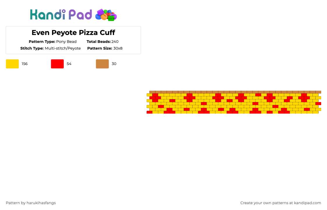 Even Peyote Pizza Cuff - Pony Bead Pattern by harukihasfangs on Kandi Pad - yellow,harukihasfangs,pizza,odd peyote,peyote,food,simple,beginner