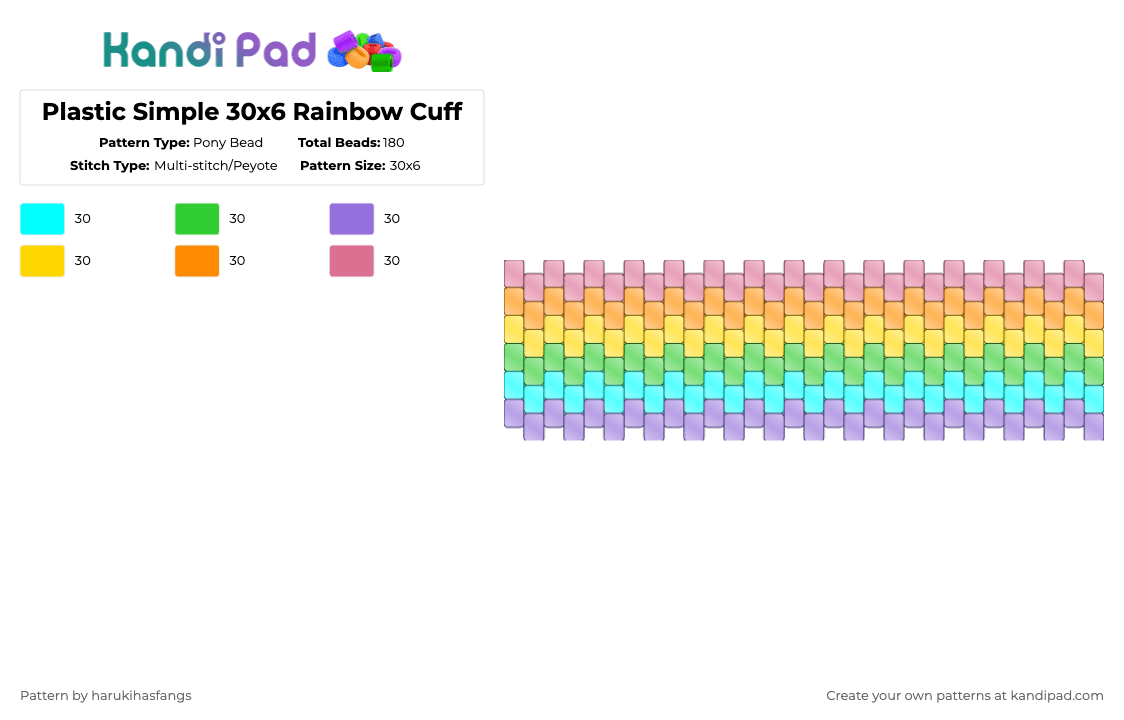 Plastic Simple 30x6 Rainbow Cuff - Pony Bead Pattern by harukihasfangs on Kandi Pad - green,yellow,pink,colorful,cotdplastic,plastic,clear,rainbow,30x6,harukihasfangs,simple,multistitch
