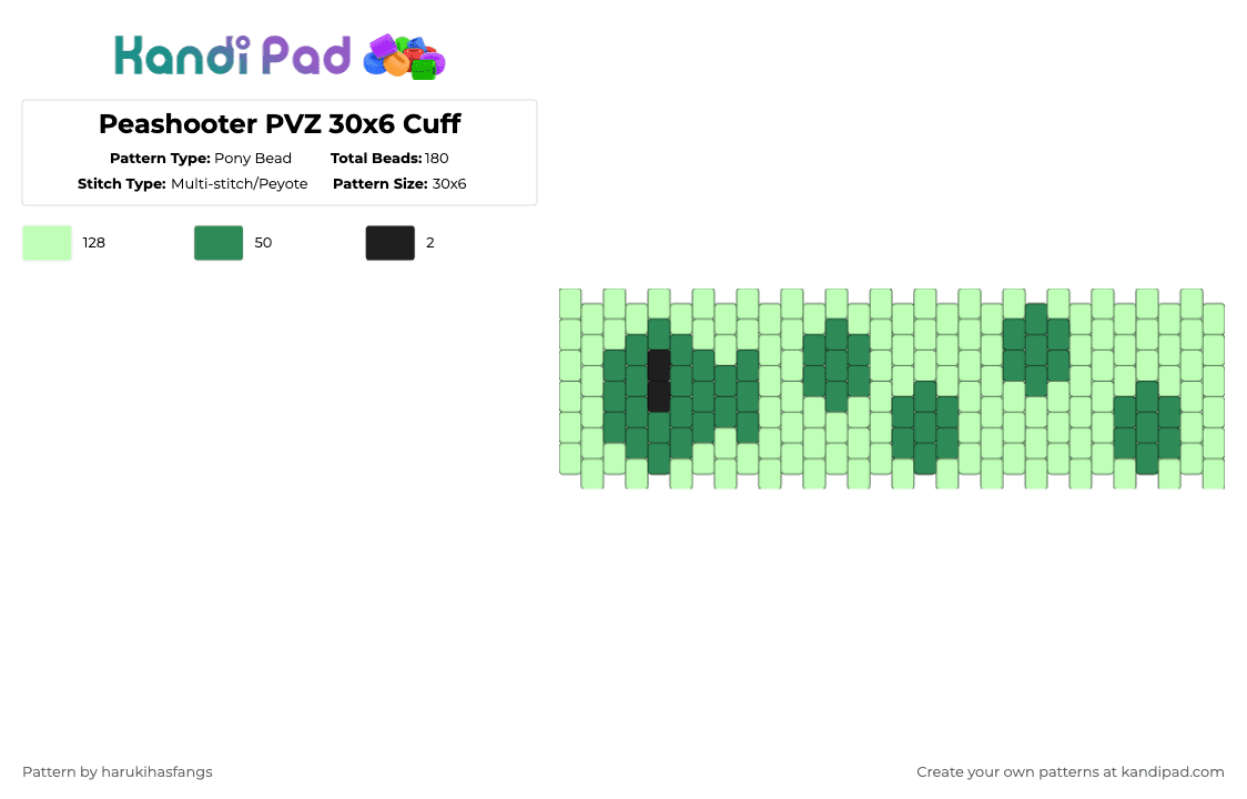 Peashooter PVZ 30x6 Cuff - Pony Bead Pattern by harukihasfangs on Kandi Pad - teal,green,harukihasfangs,peashooter,pvz,plants versus zombies,popcap,ea,video games,pea
