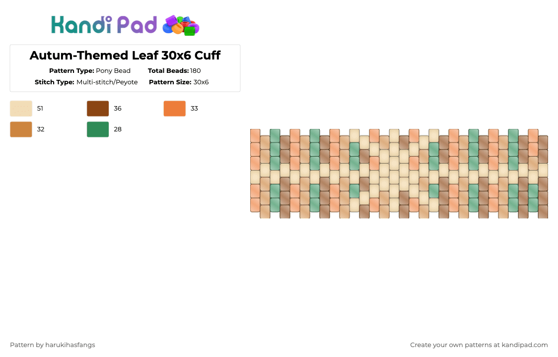 Autum-Themed Leaf 30x6 Cuff - Pony Bead Pattern by harukihasfangs on Kandi Pad - orange,beige,cotdleaves,harukihasfangs,leaf,foliage,autumn,natural,grunge