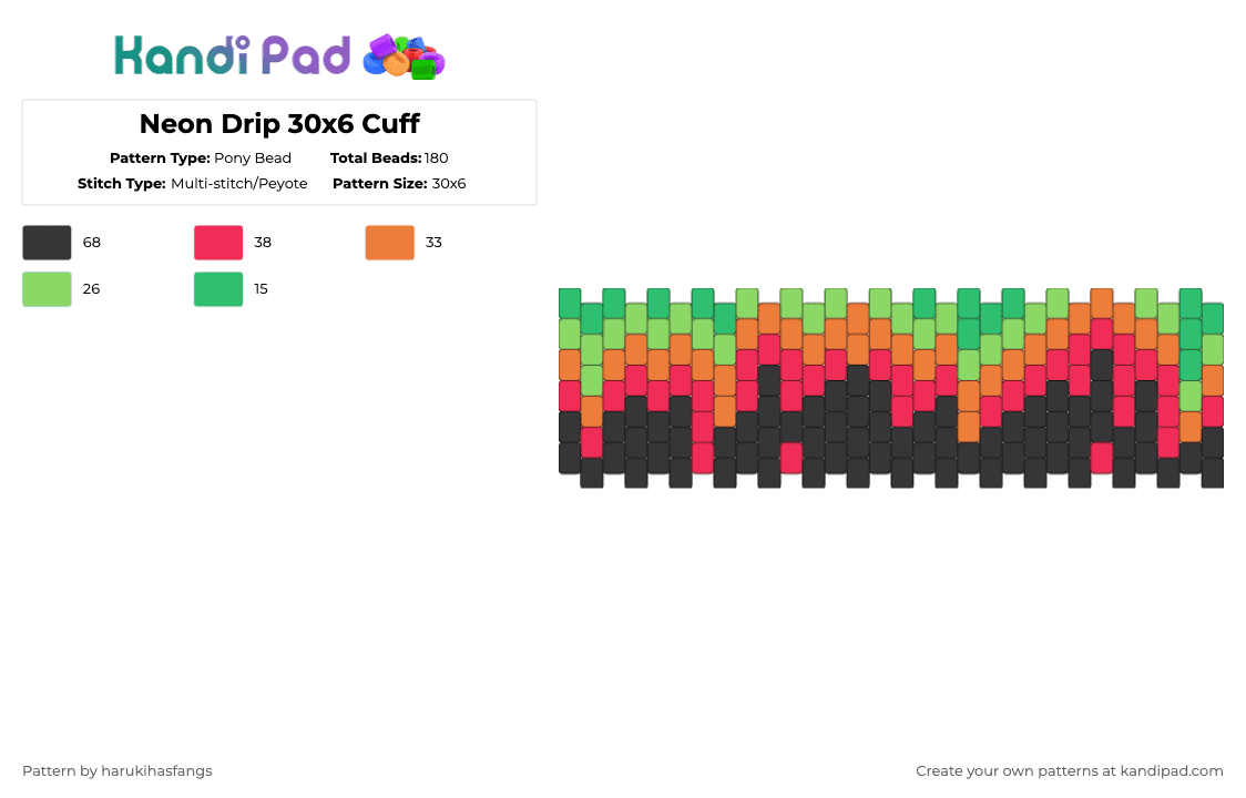 Neon Drip 30x6 Cuff - Pony Bead Pattern by harukihasfangs on Kandi Pad - orange,red,harukihasfangs,drip,neon,palette,colorful,raver,watermelon