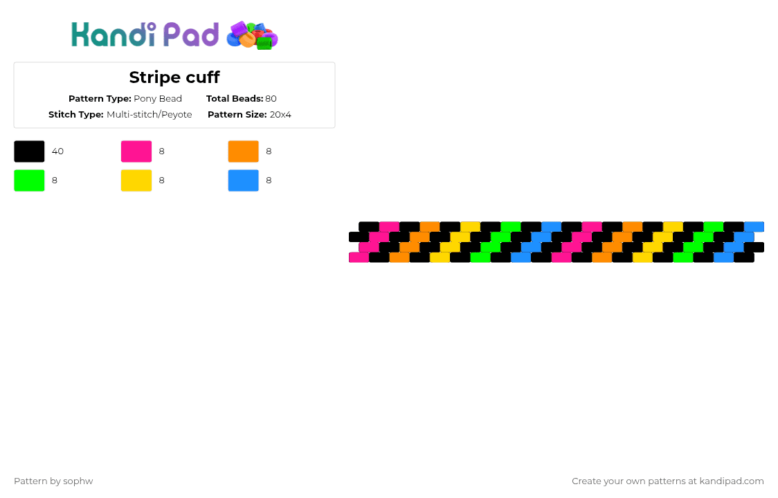 Stripe cuff - Pony Bead Pattern by sophw on Kandi Pad - black,orange,yellow,colorful,stripe,rainbow,cuff,bracelet