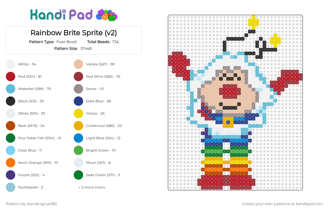 Rainbow Brite Sprite (v2) - Fuse Bead Pattern by standingcue180 on Kandi Pad - red,light blue,beige,blue