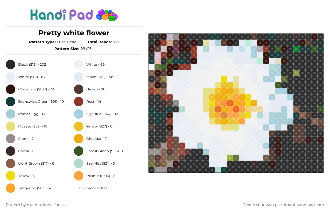 Pretty white flower - Fuse Bead Pattern by murderdronesfanxxx on Kandi Pad - white,brown,light blue,orange,colorful,pretty,flower,mountan,white flower