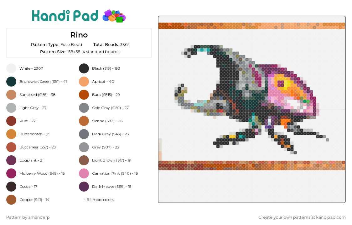 Rino - Fuse Bead Pattern by amanderp on Kandi Pad - rhino beetle,bug,insect,majestic,robust,intricate,unique