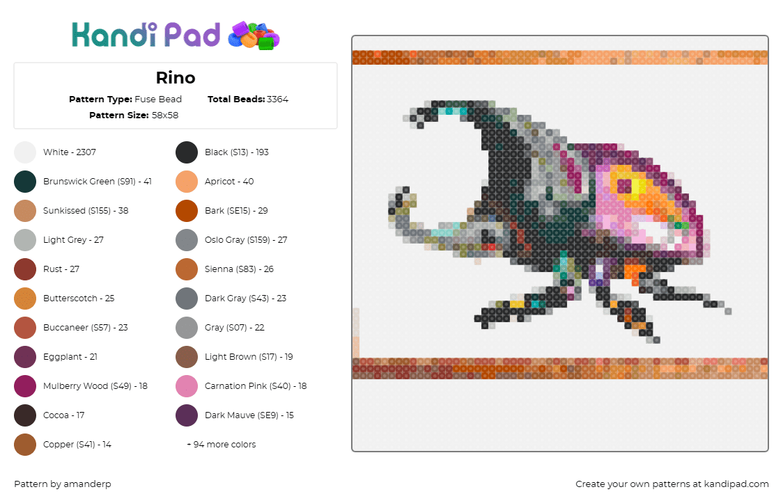 Rino - Fuse Bead Pattern by amanderp on Kandi Pad - rhino beetle,bug,insect,majestic,robust