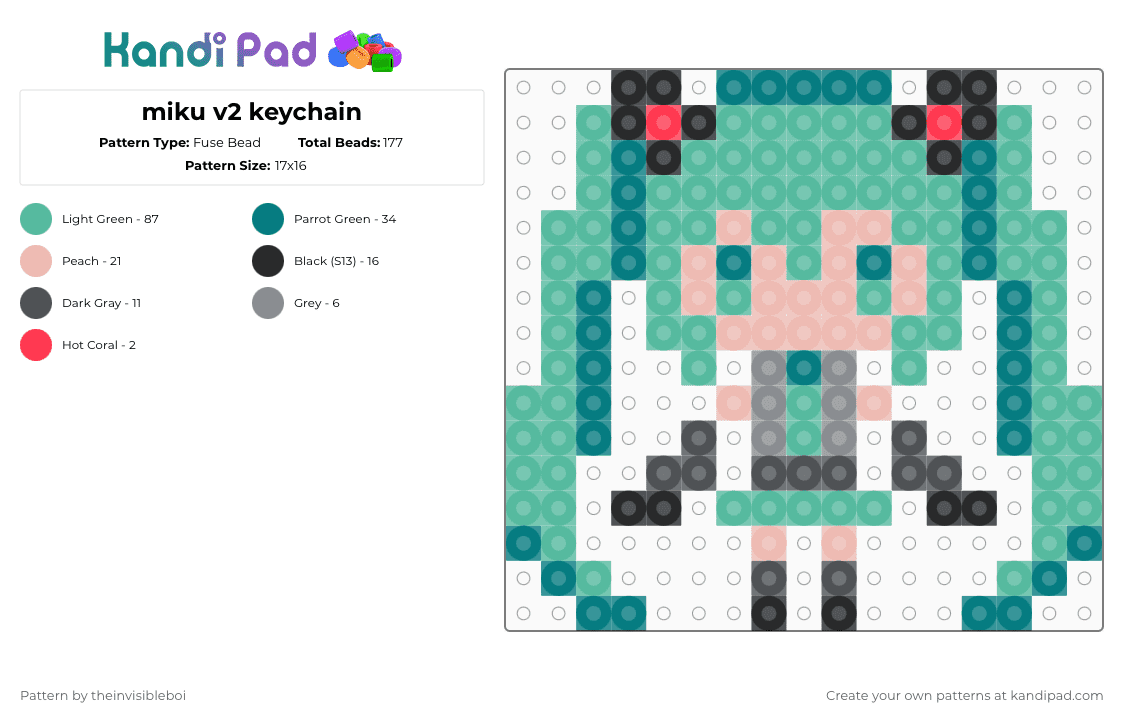 miku v2 keychain - Fuse Bead Pattern by theinvisibleboi on Kandi Pad - teal,miku,vocaloid,miku v2,keychain,chibi miku,tiny