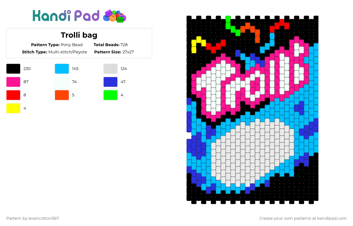 Trolli bag - Pony Bead Pattern by evancotton367 on Kandi Pad - white,light blue,pink,purple