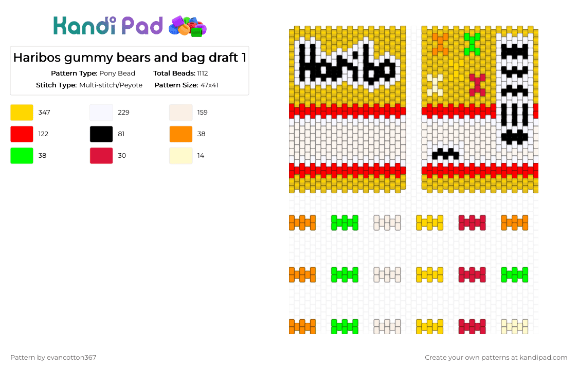 Haribos gummy bears and bag draft 1 - Pony Bead Pattern by evancotton367 on Kandi Pad - red, yellow