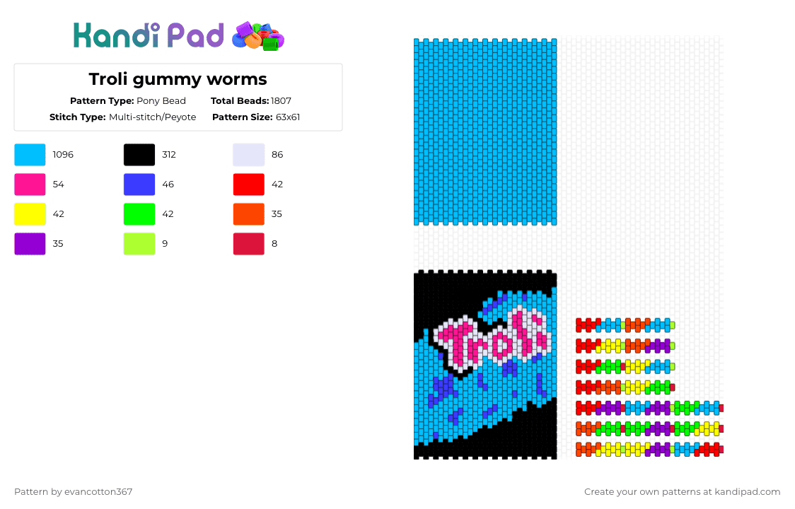Troli gummy worms - Pony Bead Pattern by evancotton367 on Kandi Pad - light blue