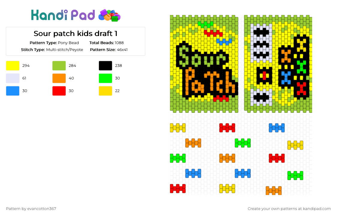Sour patch kids draft 1 - Pony Bead Pattern by evancotton367 on Kandi Pad - green, yellow