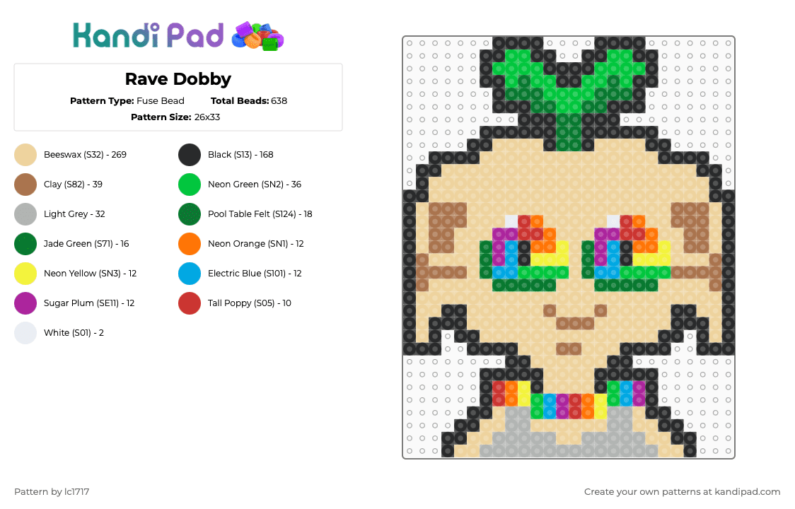 Rave Dobby - Fuse Bead Pattern by lc1717 on Kandi Pad - beige,green,edm,rave,dobby,harry potter,plur