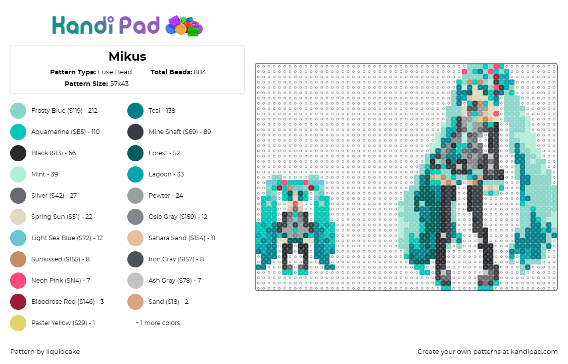 Mikus - Fuse Bead Pattern by liquidcake on Kandi Pad - hatsune miku,vocaloid,anime character,turquoise hair,music icon,singer,pop cultu