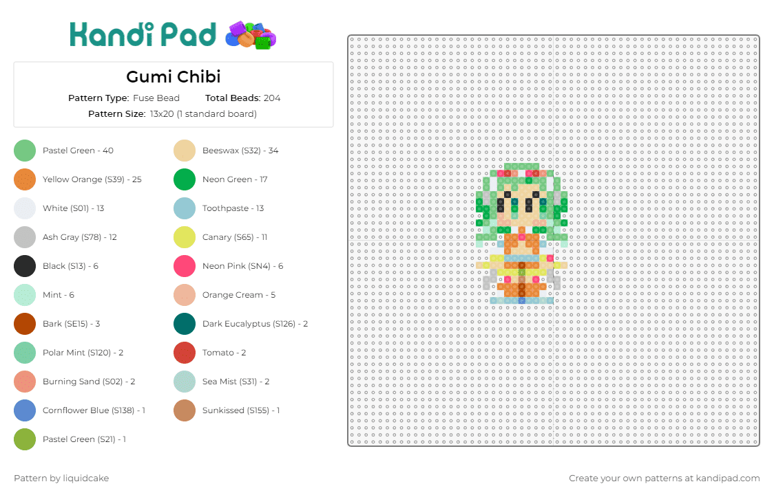 Gumi Chibi - Fuse Bead Pattern by liquidcake on Kandi Pad - gumi,vocaloid,chibi,anime,character,music,pop culture