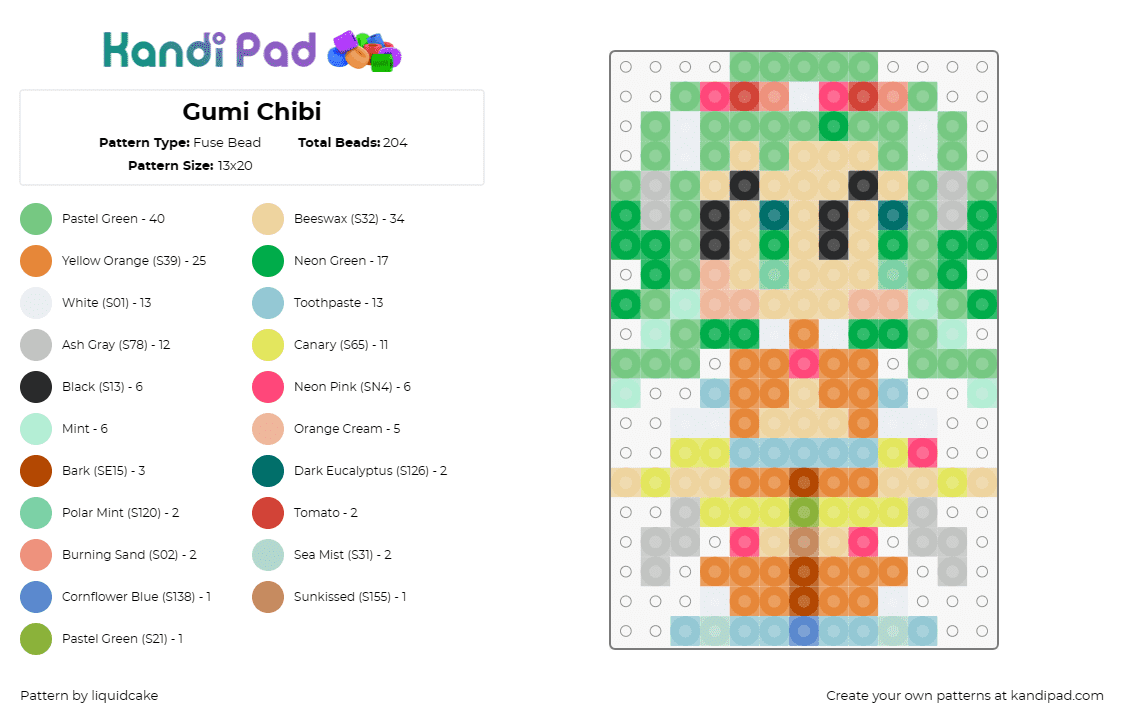 Gumi Chibi - Fuse Bead Pattern by liquidcake on Kandi Pad - gumi,vocaloid,chibi,anime,character,music,pop culture