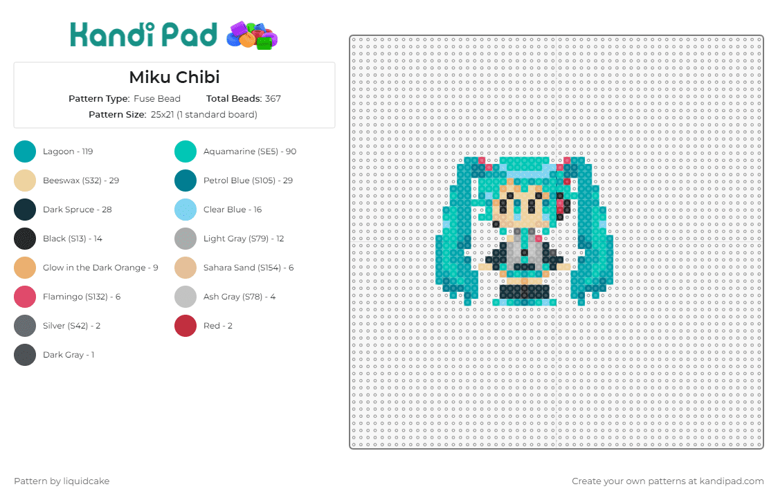 Miku Chibi - Fuse Bead Pattern by liquidcake on Kandi Pad - hatsune miku,vocaloid,chibi,anime,character,music,pop culture,turquoise