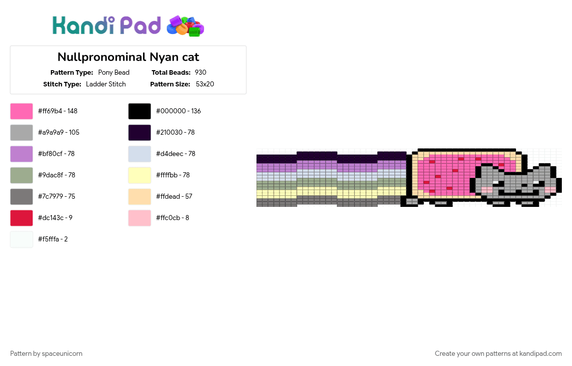 Nullpronominal Nyan cat - Pony Bead Pattern by spaceunicorn on Kandi Pad - beige, nullpronominal, nyan cat, pink, pride