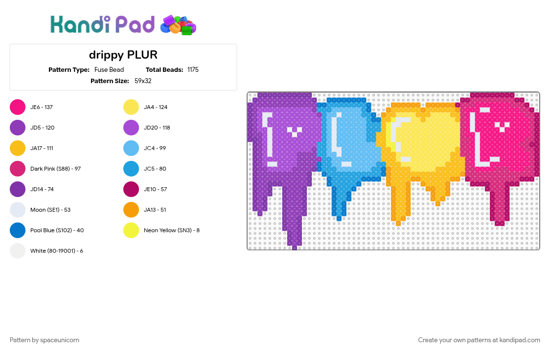 drippy PLUR - Fuse Bead Pattern by spaceunicorn on Kandi Pad - colorful, drippy, light blue, melting, pink, plur, purple, rainbow, yellow