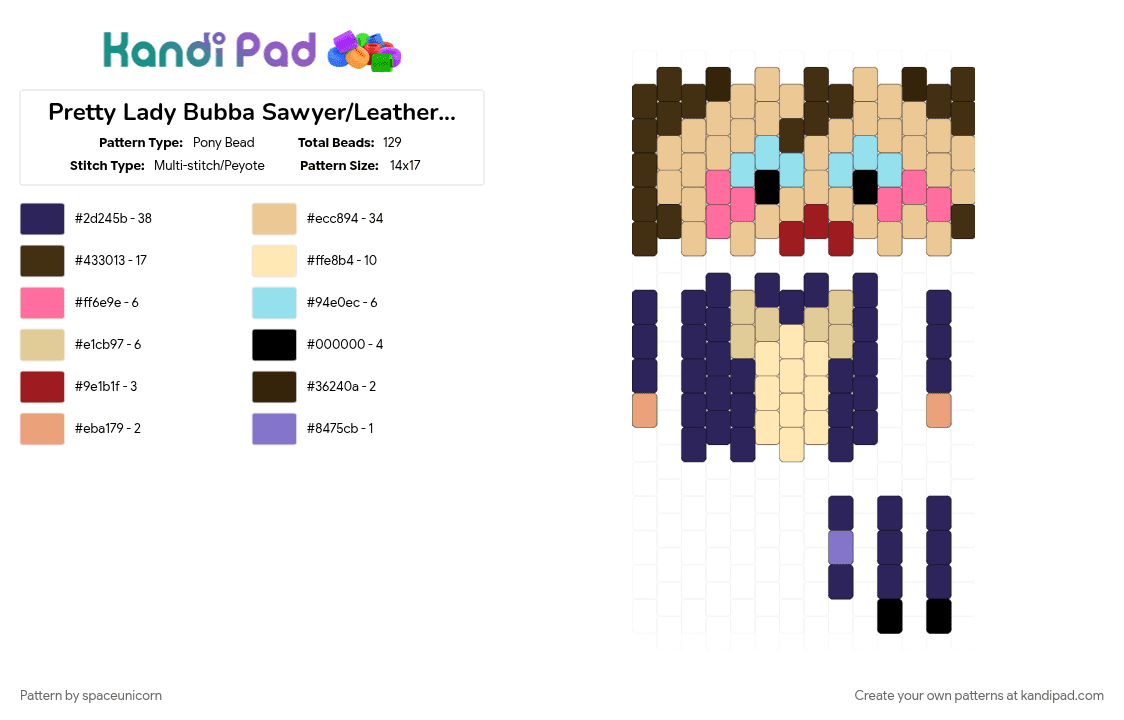 Pretty woman Bubba Sawyer/Leatherface doll - Pony Bead Pattern by spaceunicorn on Kandi Pad - beige, brown, bubba sawyer, character, leatherface, purple, tcm