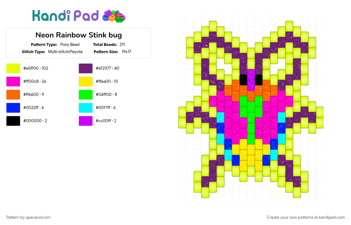 Neon Rainbow Stink bug - Pony Bead Pattern by spaceunicorn on Kandi Pad - cotdbugs, pink, yellow