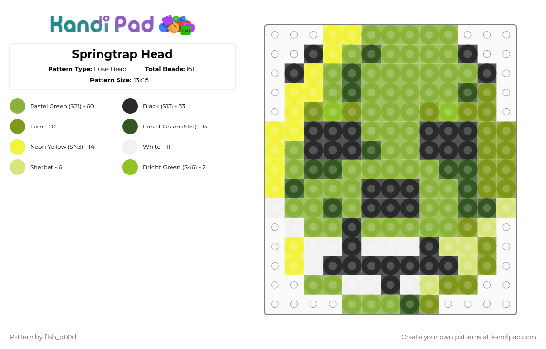 Springtrap Head - Fuse Bead Pattern by fleshfreak on Kandi Pad - green,fnaf,springtrap,kandipatterns