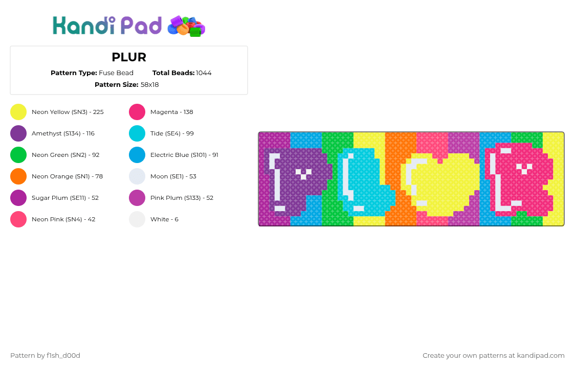 PLUR - Fuse Bead Pattern by fleshfreak on Kandi Pad - pink,light blue,yellow,plur